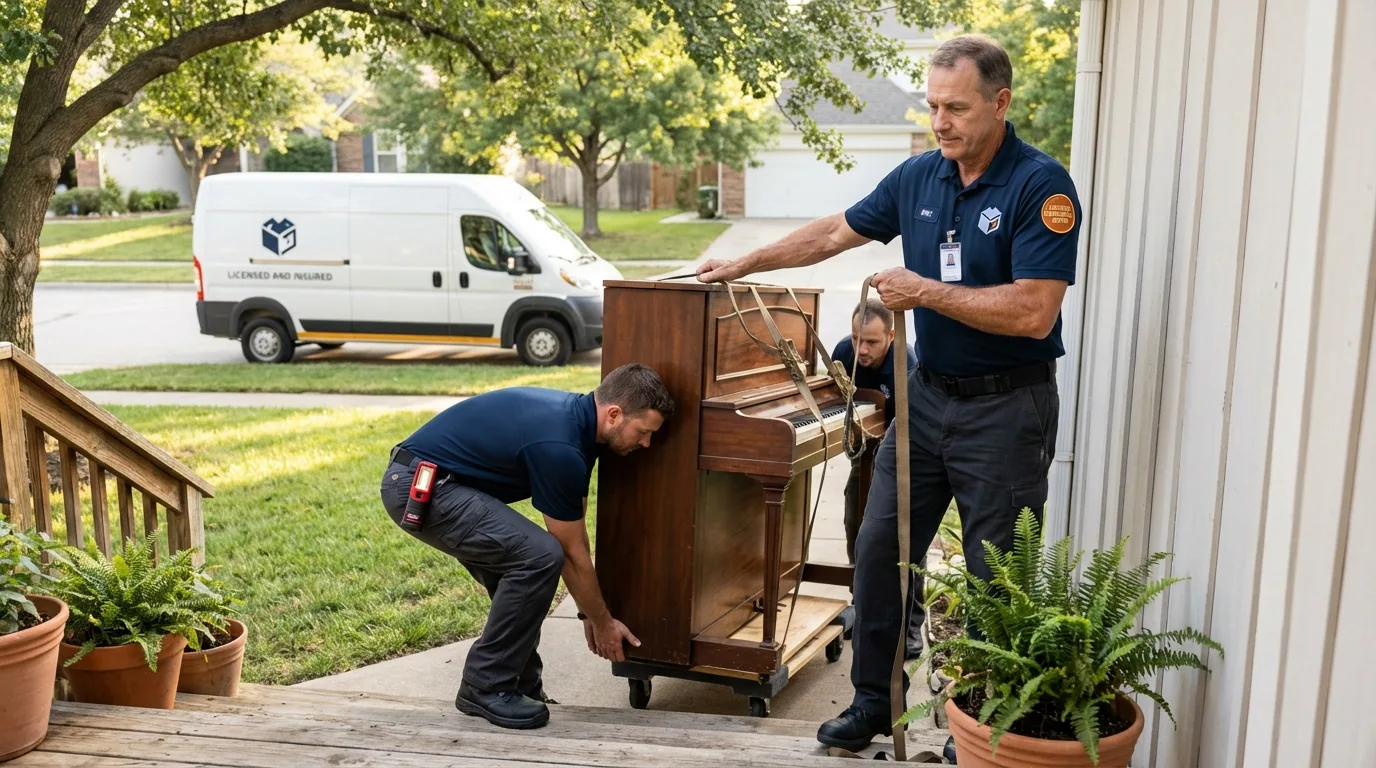 Licensed piano movers securing grand piano in Jefferson, OH