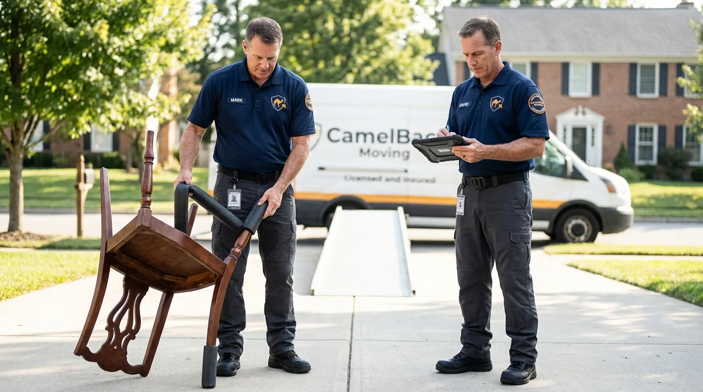 Movers inspecting furniture for damage prevention before loading in Jefferson, OH