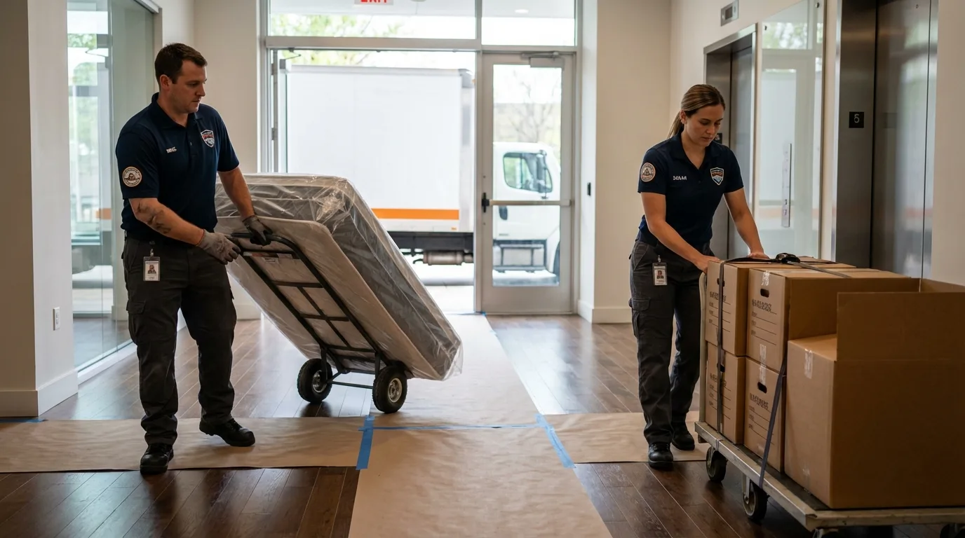 Professional apartment movers loading elevator in Jefferson, OH