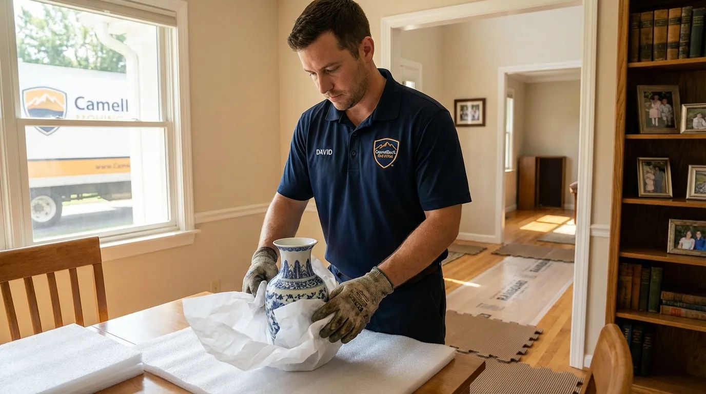 Professional crew carefully wrapping antique vase for senior downsizing move in Jefferson, OH